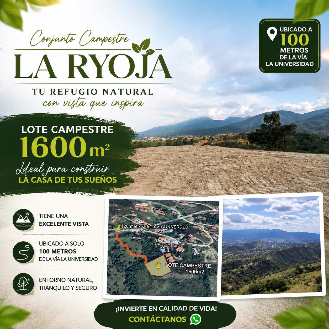 LOTE EN VENTA CONJUNTO CAMPESTRE LA RYOJA  KM 1 VIA A LA UNIVERSIDAD